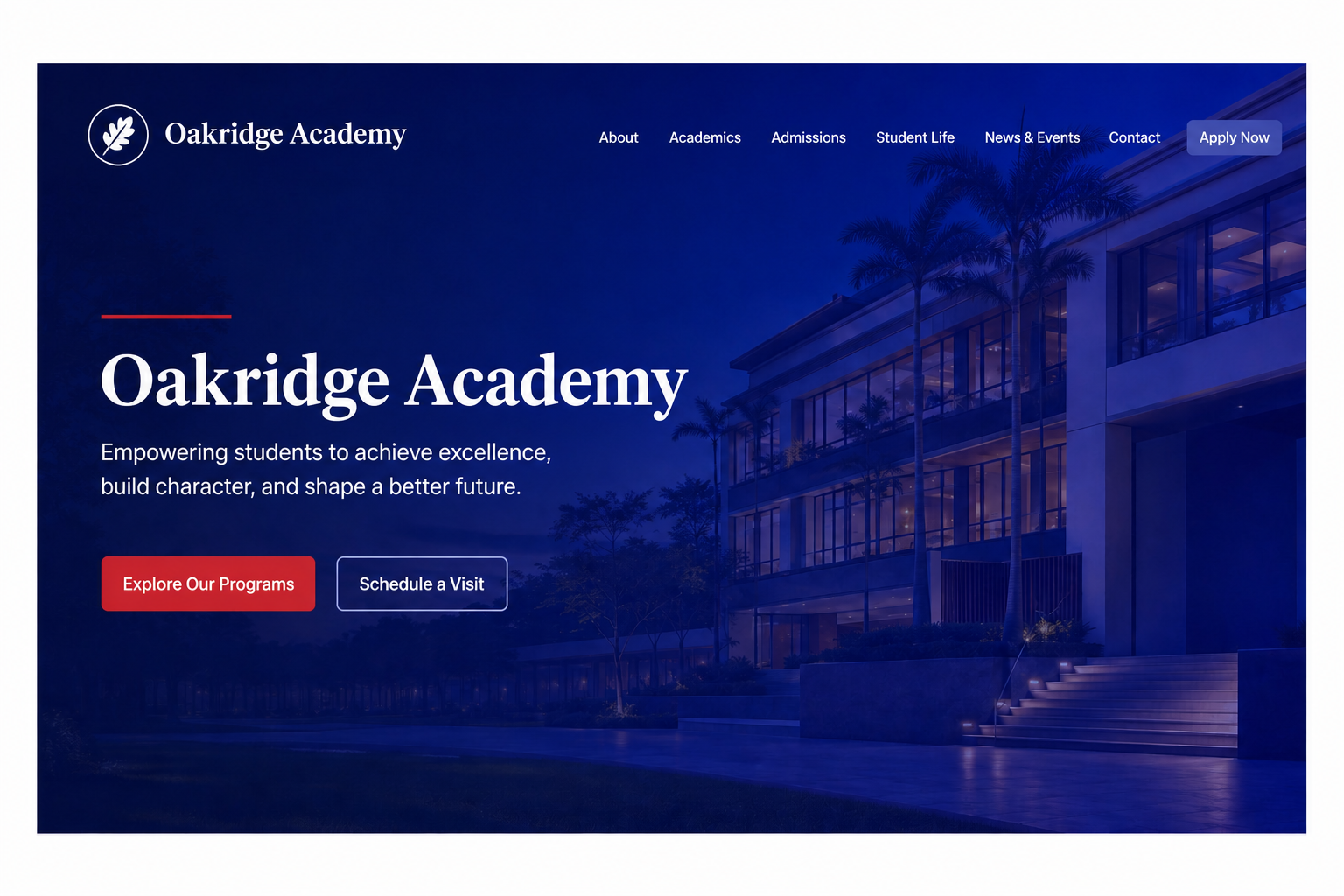 Homepage hero preview for a pseudonymous secondary education concept