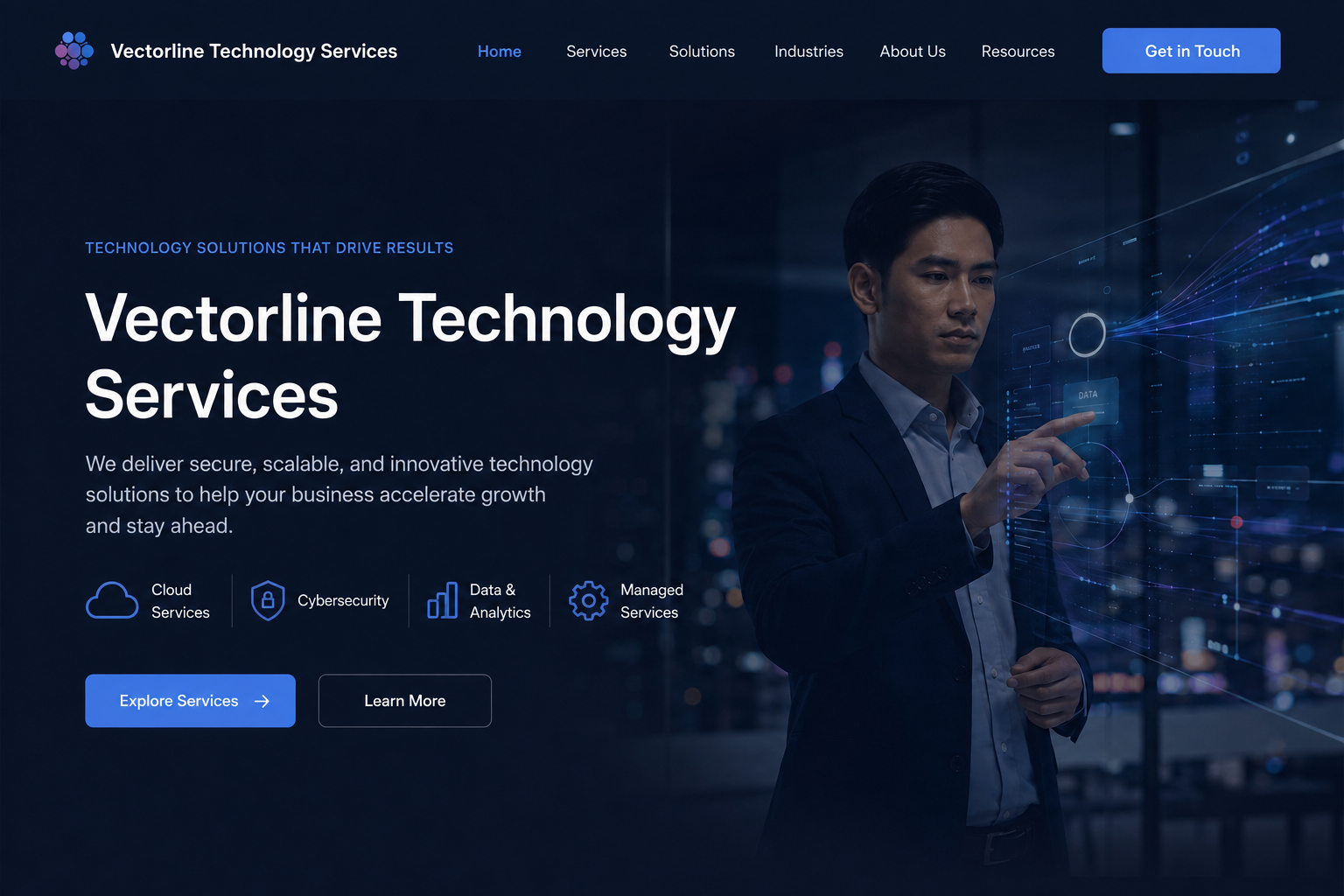 Homepage hero preview for a pseudonymous technology services concept